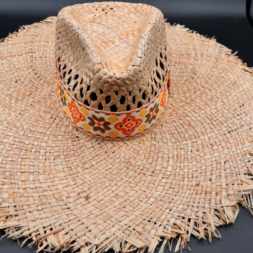Santo Domingo Distressed brim Style Straw Hat orange headband NWOT(H038)